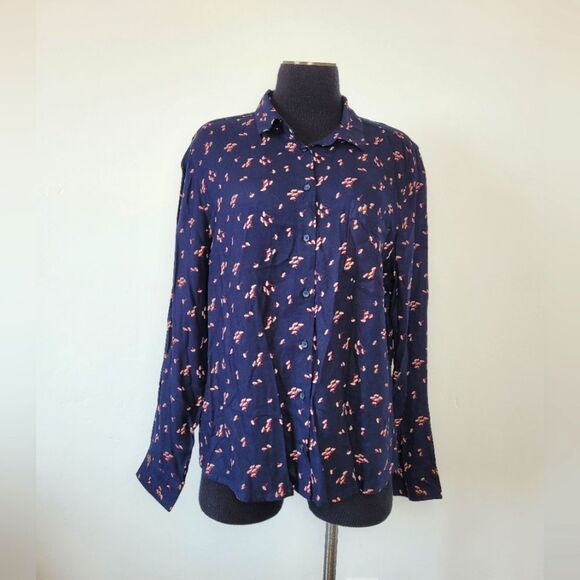 DIP Women's Button Front Shirt Blouse Top Navy Dark Floral Viscose Spring Large - Picture 1 of 11